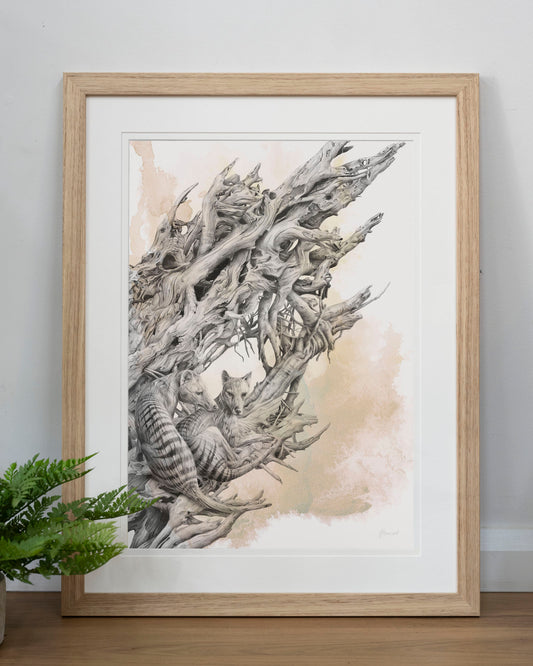 'Driftwood Thylacine' art print (with colour)