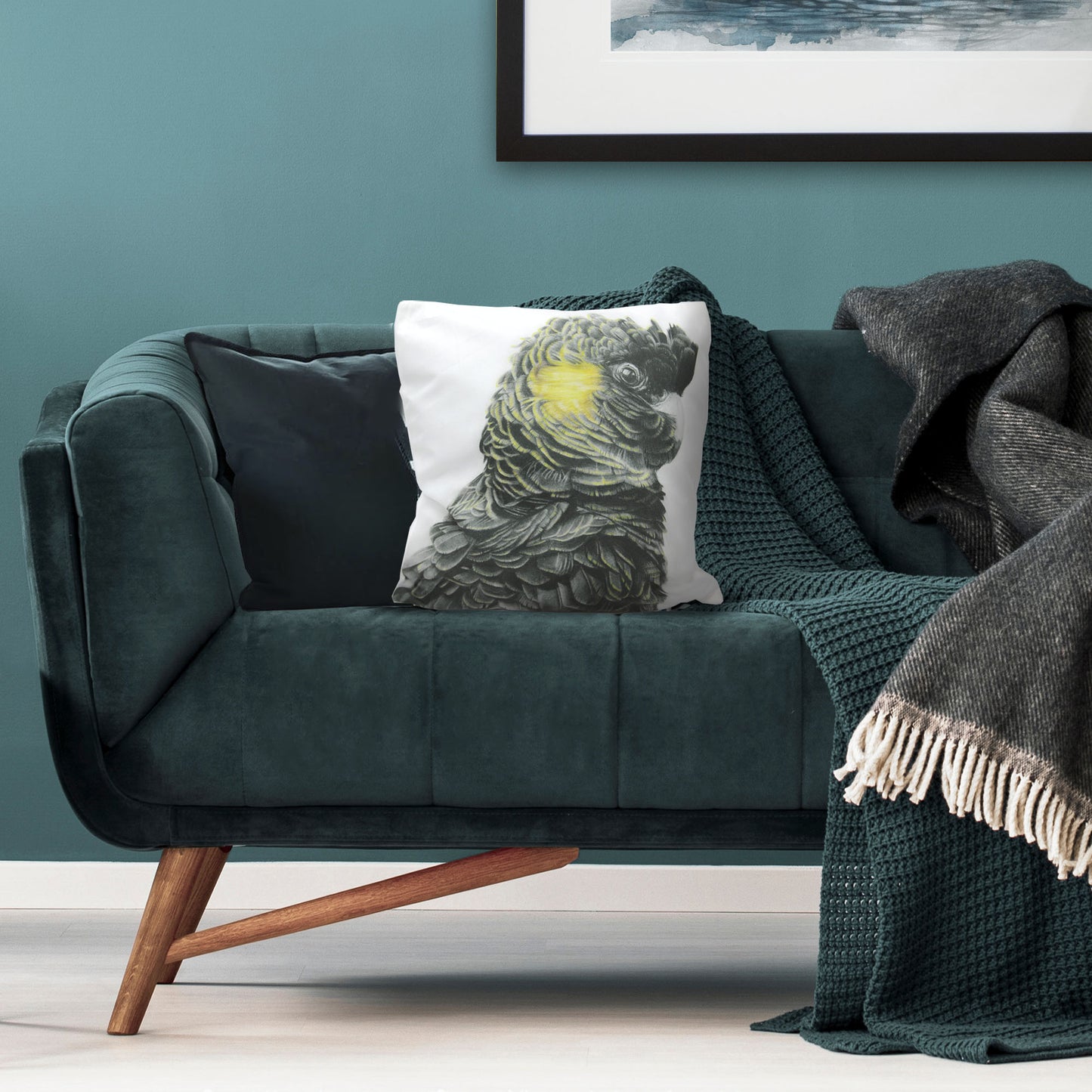 Cushion cover featuring 'Black Cockatoo' artwork