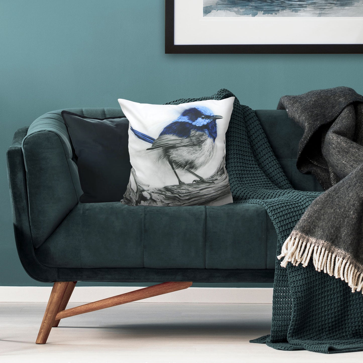 Cushion cover featuring 'Fairy Wren' artwork