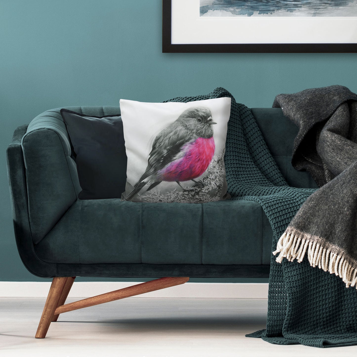 Cushion cover featuring 'Pink Robin' artwork