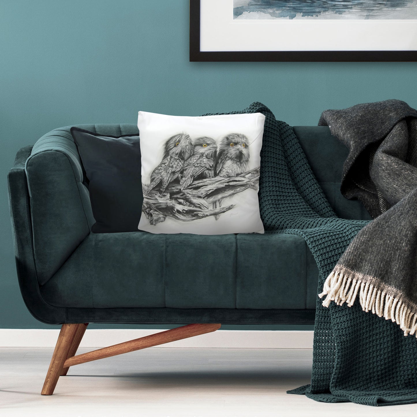 Cushion cover featuring 'Tawny Frogmouth Trio' artwork