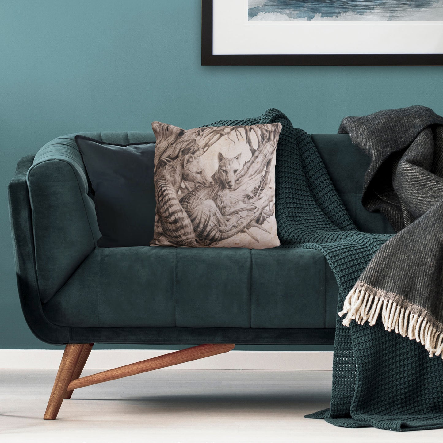 Cushion cover featuring 'Driftwood Thylacine' artwork