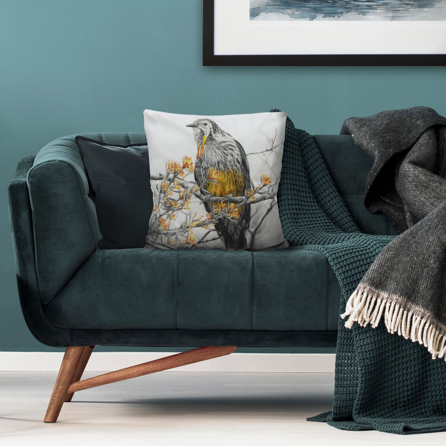 Cushion cover featuring 'Yellow Wattlebird' artwork