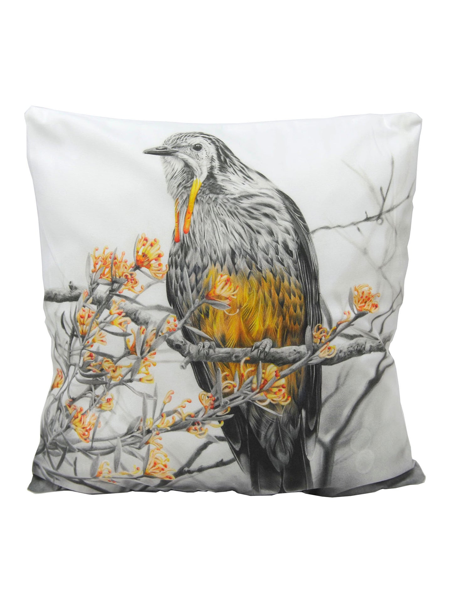 Cushion cover featuring 'Yellow Wattlebird' artwork