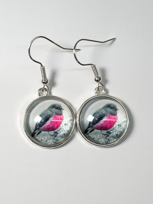 Pink Robin glass cabochon earrings
