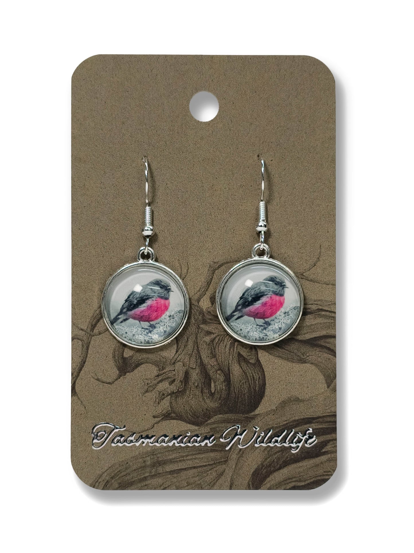 Pink Robin glass cabochon earrings
