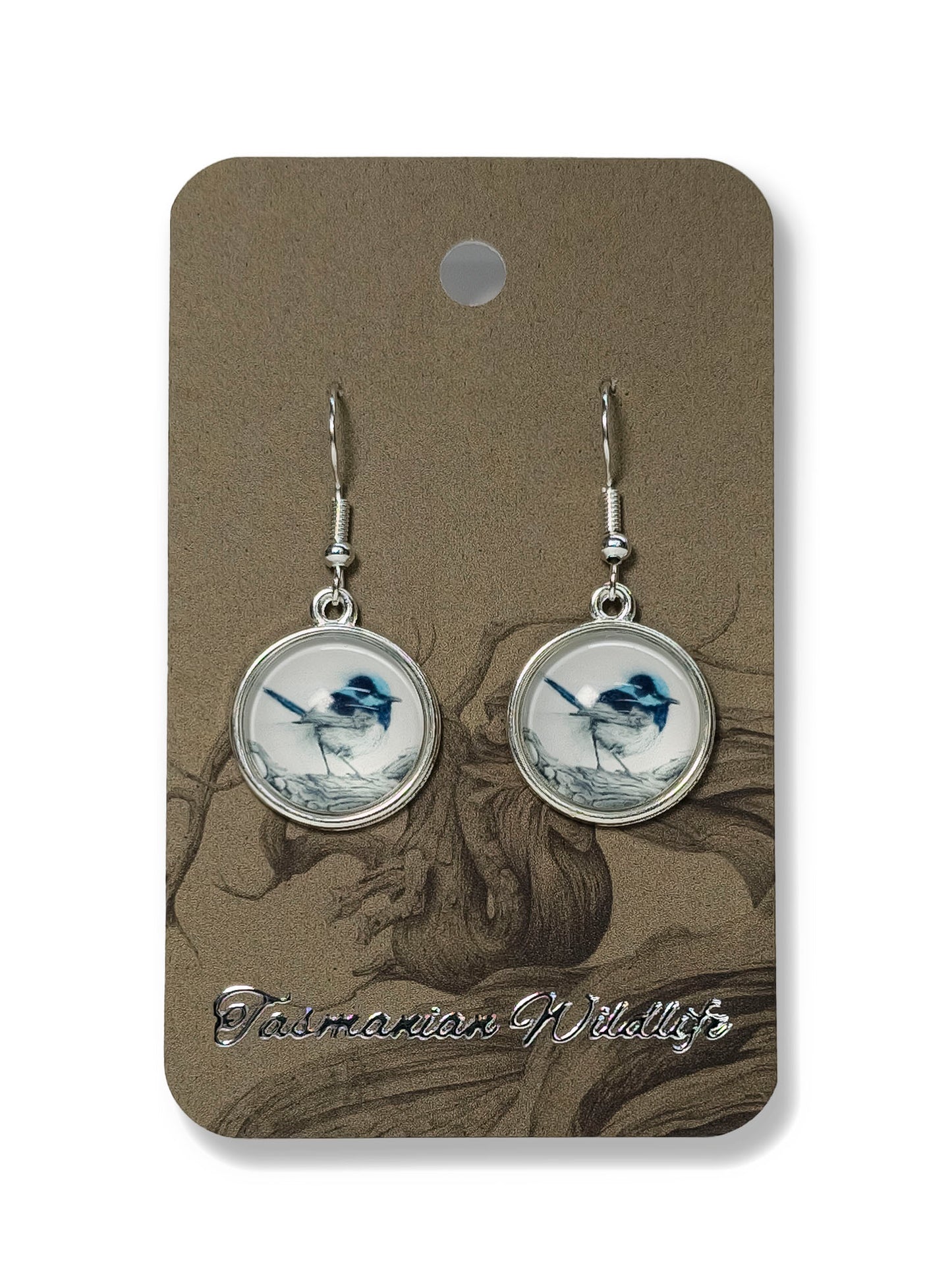 Fairy Wren glass cabochon earrings