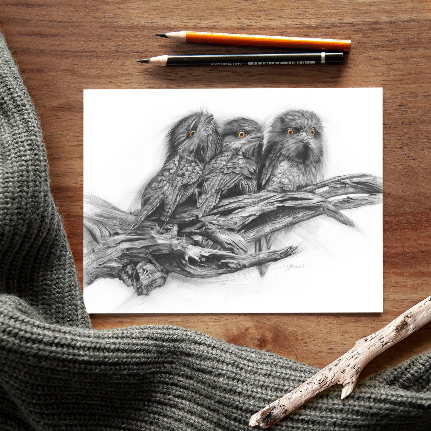 'Tawny Frogmouth Trio' A5 art card