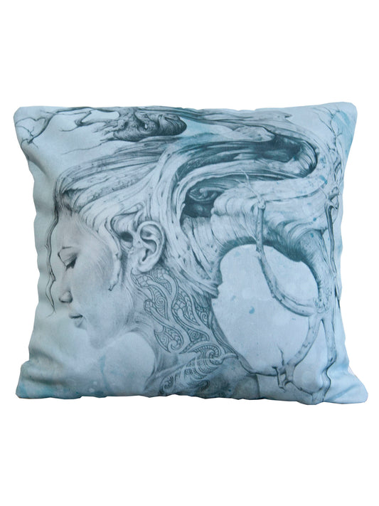 Cushion cover featuring 'Contemplation Blue' artwork