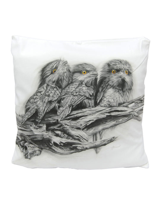 Cushion cover featuring 'Tawny Frogmouth Trio' artwork
