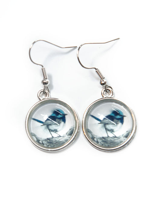 Fairy Wren glass cabochon earrings