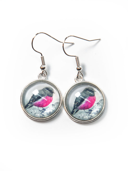 Pink Robin glass cabochon earrings