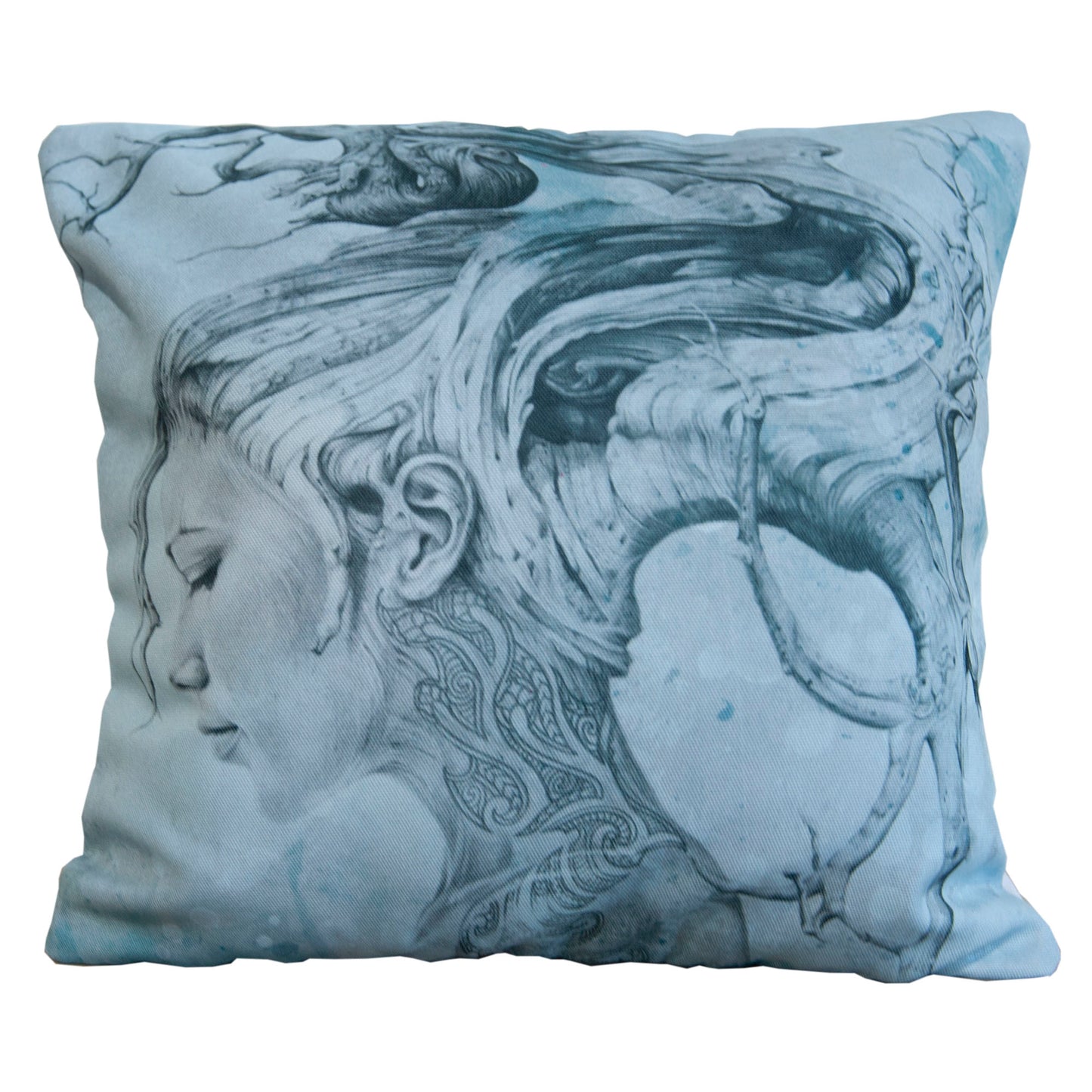 Cushion cover featuring 'Contemplation Blue' artwork